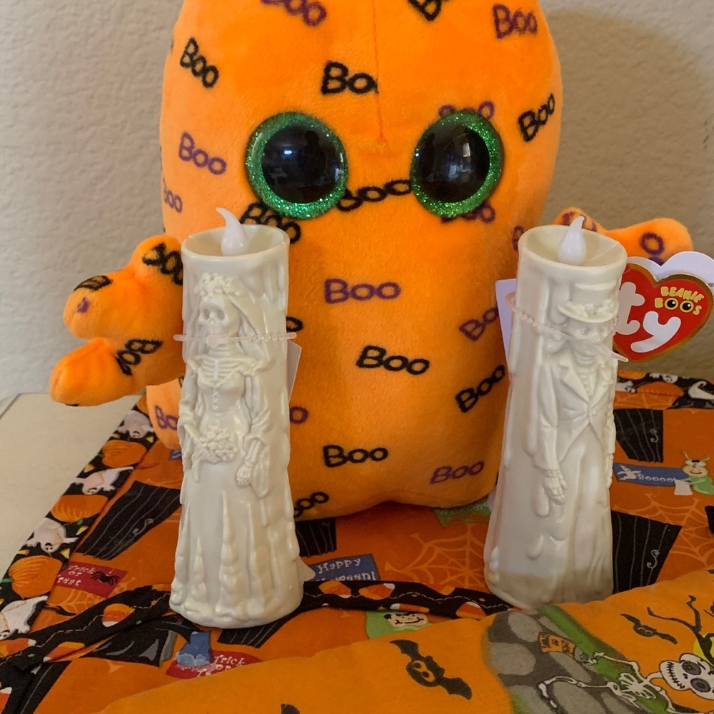 6 pc Ty Orange Boo Plush Halloween Kitchen table placemat ghost candles mitt lot - Picture 3 of 16